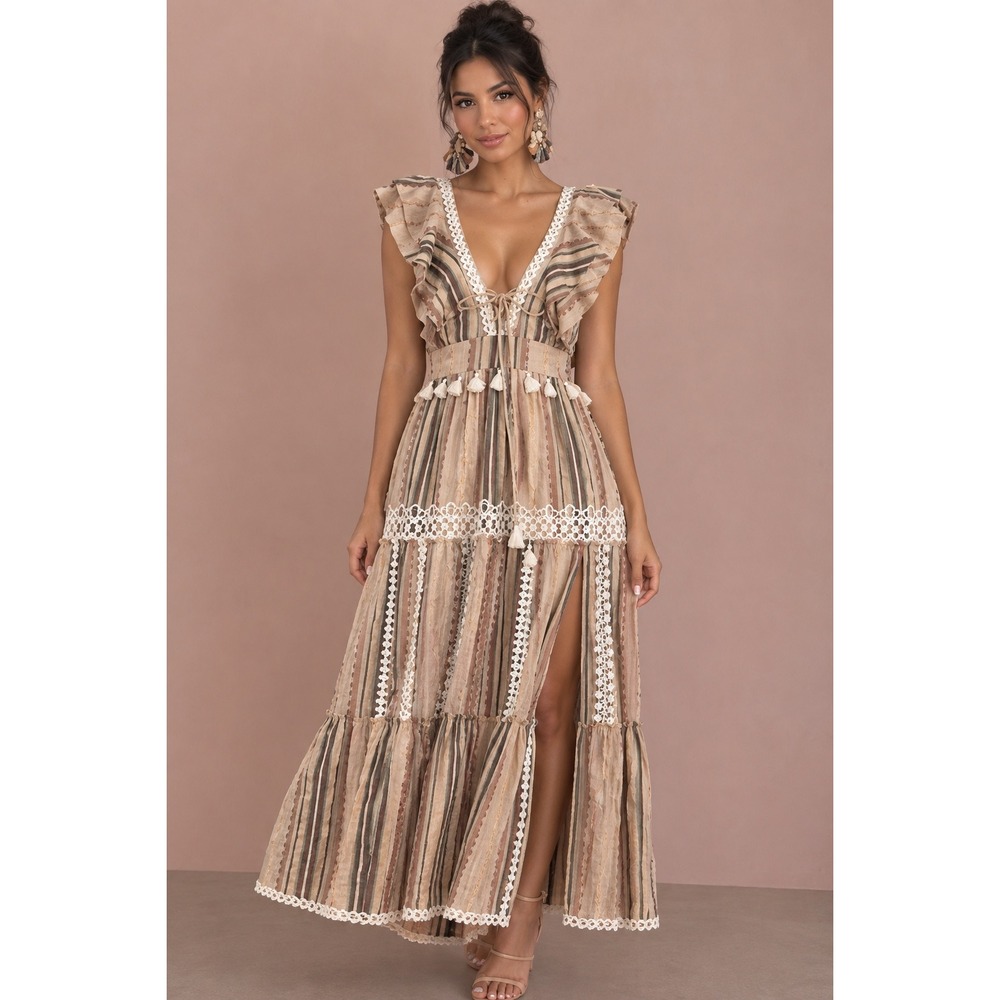 Hemant & Nandita Tassel Pixie Deep V‎ LaceTrim Midi Sz Medium